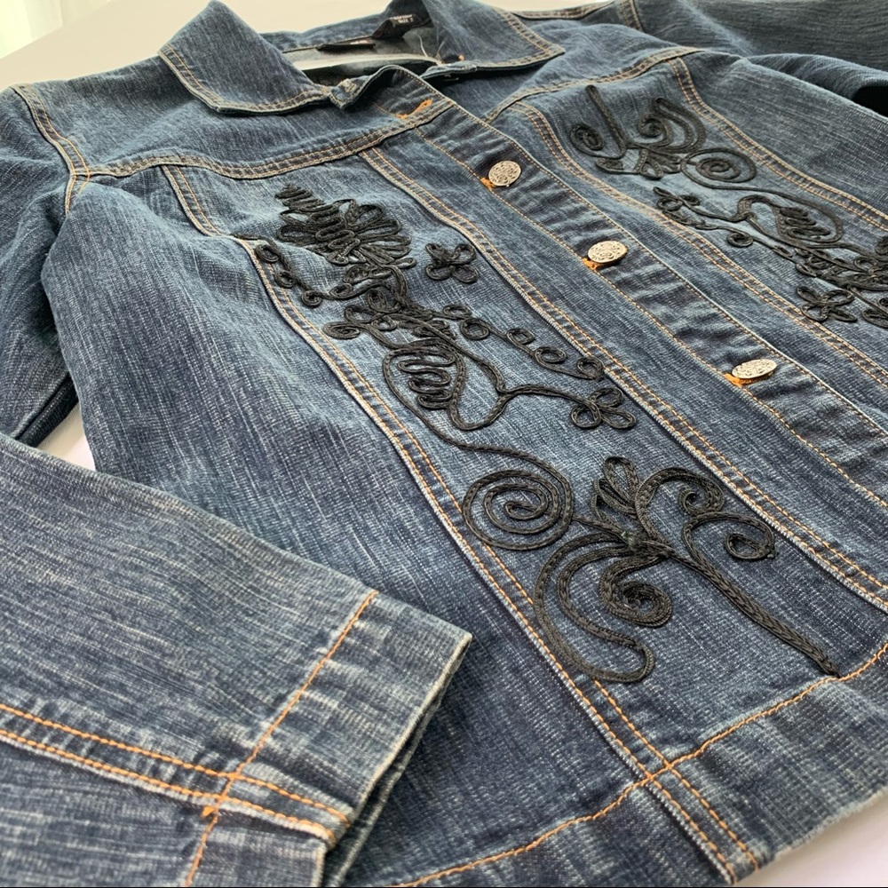Passementerie front and back. Chico’s size 2 (large) denim jacket, black details